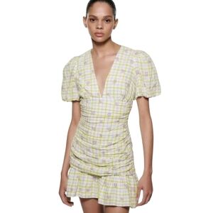 Zara Gingham Floral Ruched Mini Dress Size Small